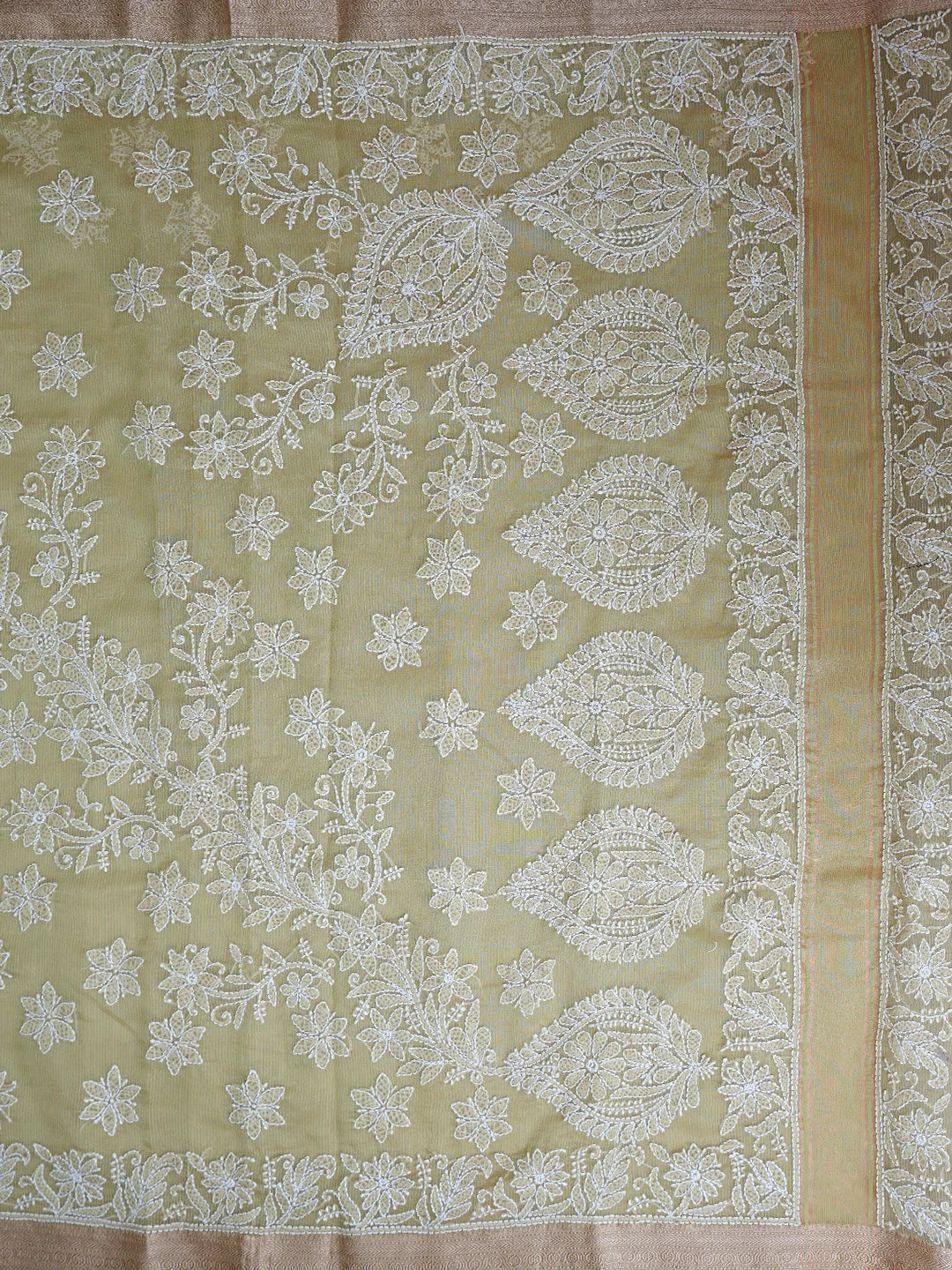 Ada Hand Embroidered Green Chanderi Lucknowi Chikankari Saree With Blouse 01A857663