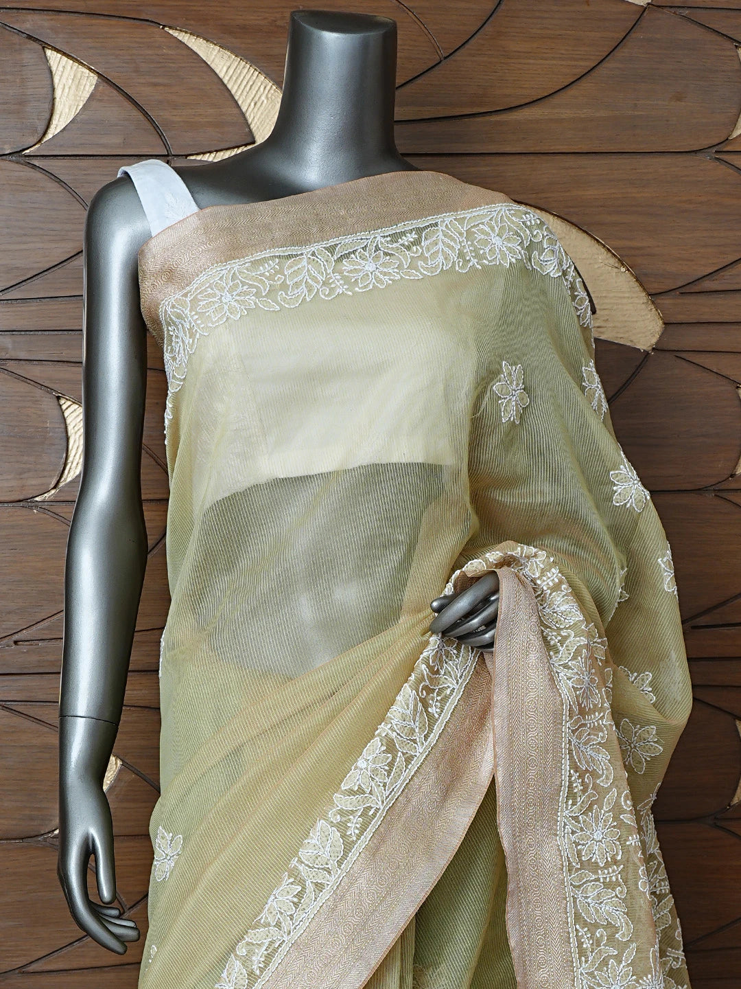 Ada Hand Embroidered Green Chanderi Lucknowi Chikankari Saree With Blouse 01A857663