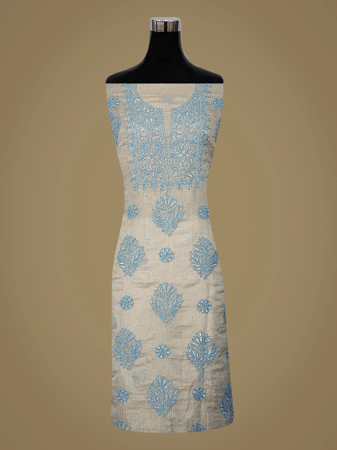 Ada Hand Embroidered Grey Kota Tissue Lucknowi Chikankari Unstitched Kurta Dupatta Set With Cutdana Work 01A802327