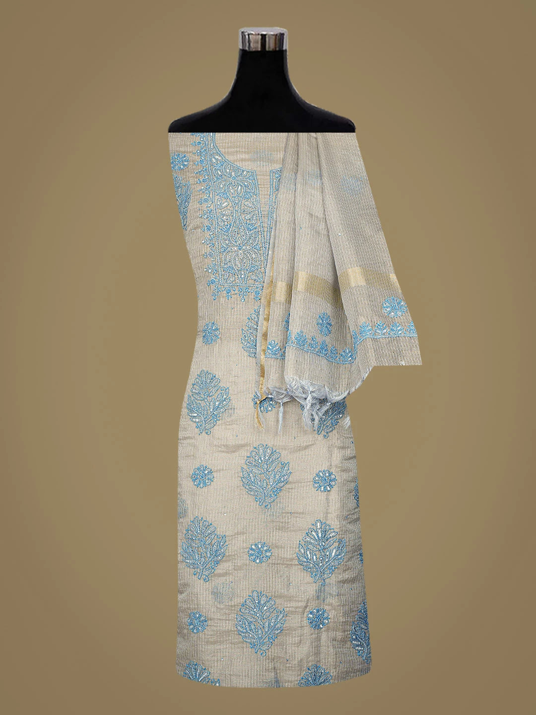 Ada Hand Embroidered Grey Kota Tissue Lucknowi Chikankari Unstitched Kurta Dupatta Set With Cutdana Work 01A802327