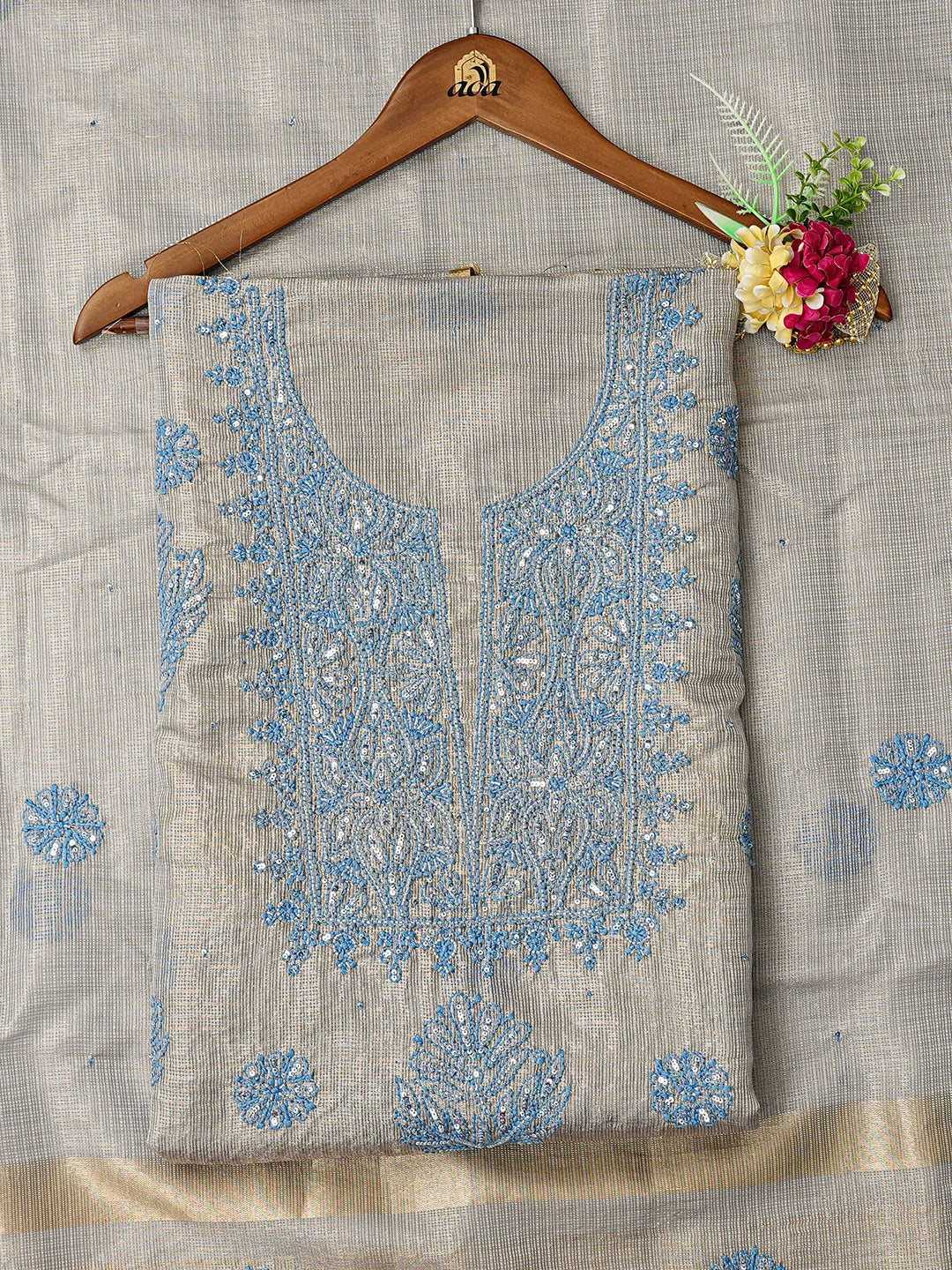 Ada Hand Embroidered Grey Kota Tissue Lucknowi Chikankari Unstitched Kurta Dupatta Set With Cutdana Work 01A802327