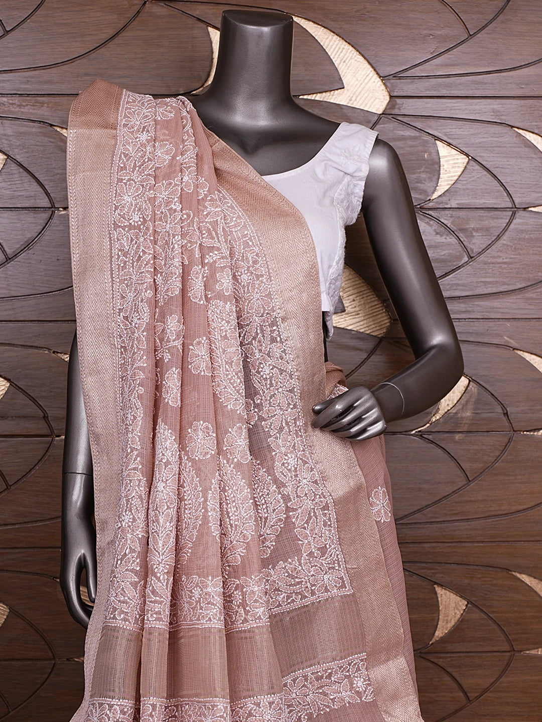 Ada Hand Embroidered Dusty Peach Chanderi Lucknowi Chikankari Saree With Blouse 01A857773