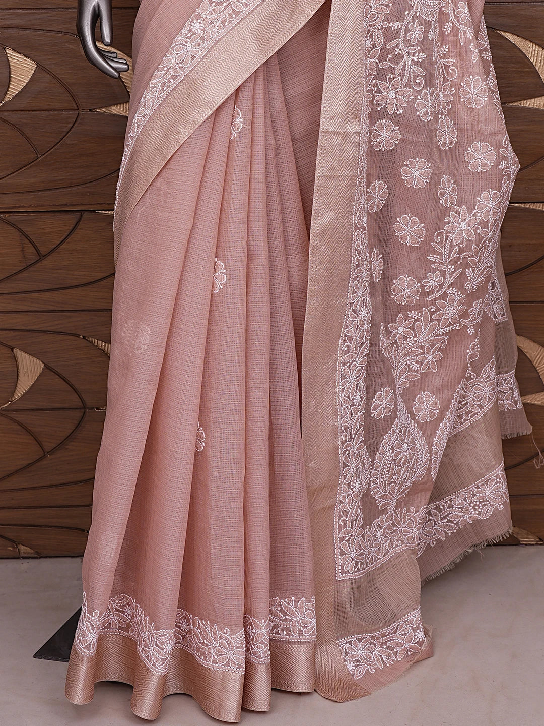 Ada Hand Embroidered Dusty Peach Chanderi Lucknowi Chikankari Saree With Blouse 01A857773