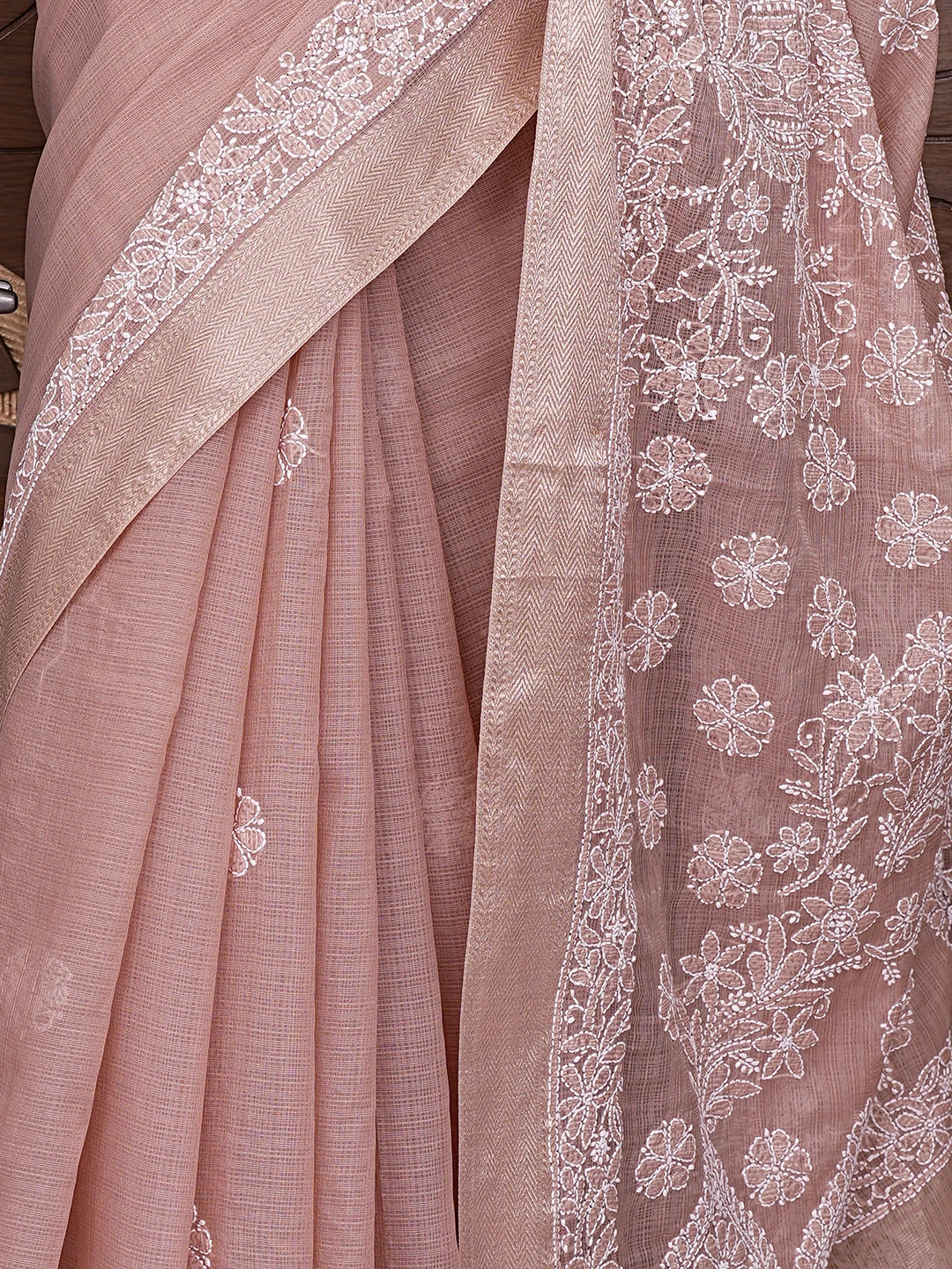 Ada Hand Embroidered Dusty Peach Chanderi Lucknowi Chikankari Saree With Blouse 01A857773