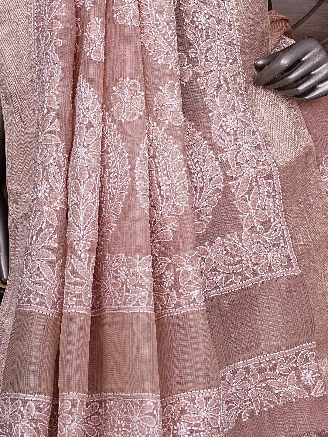 Ada Hand Embroidered Dusty Peach Chanderi Lucknowi Chikankari Saree With Blouse 01A857773