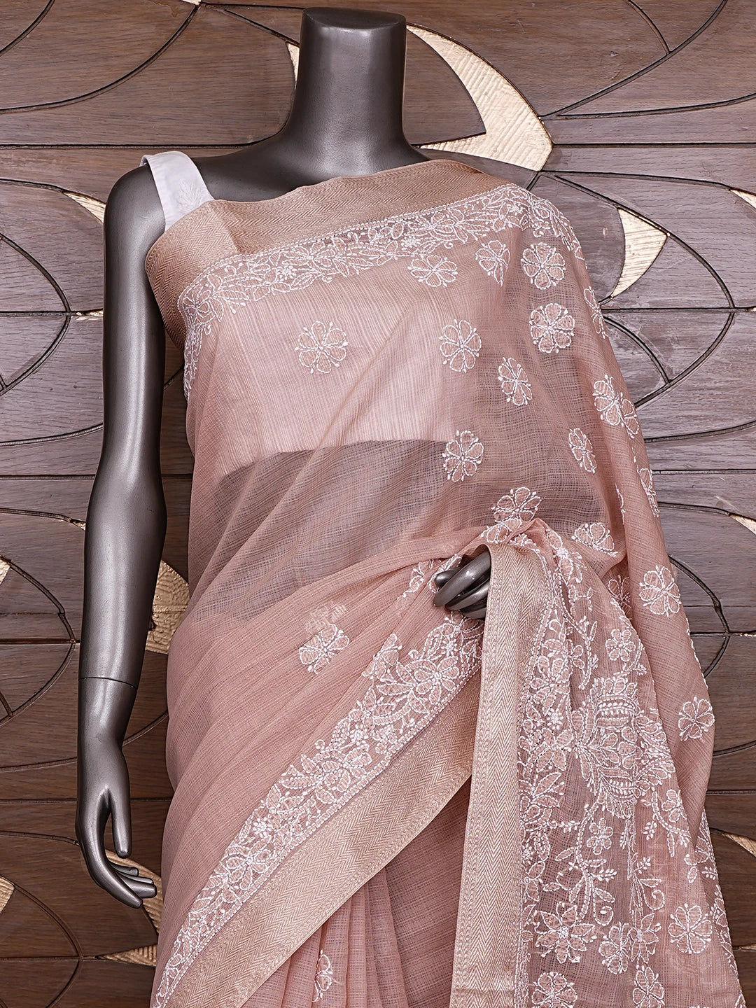 Ada Hand Embroidered Dusty Peach Chanderi Lucknowi Chikankari Saree With Blouse 01A857773