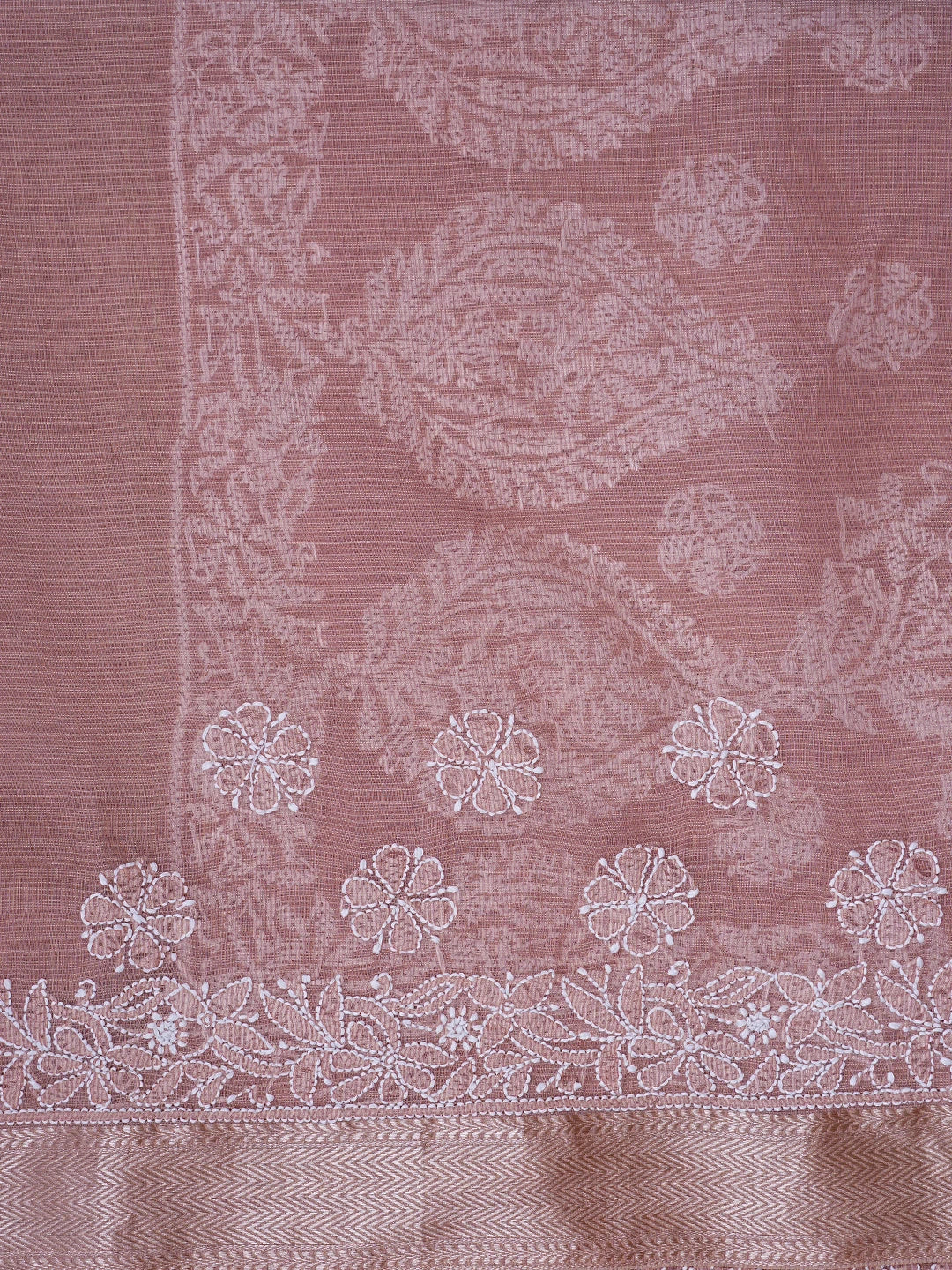Ada Hand Embroidered Dusty Peach Chanderi Lucknowi Chikankari Saree With Blouse 01A857773