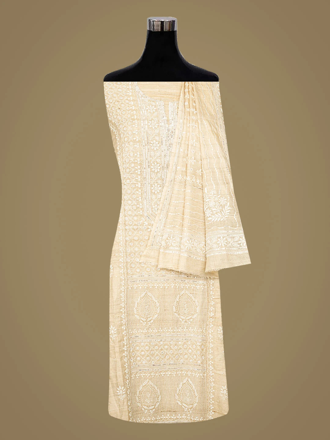 Ada Hand Embroidered Fawn Tussar Silk Lucknowi Chikankari Semi-Stitched Kurta Dupatta Set With Cutdana Work 01A857064