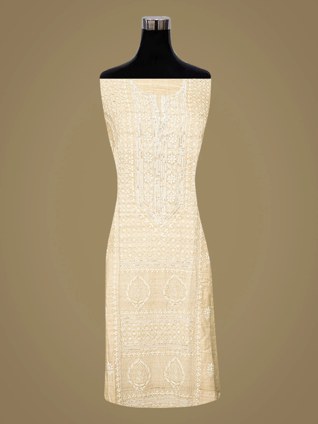 Ada Hand Embroidered Fawn Tussar Silk Lucknowi Chikankari Semi-Stitched Kurta Dupatta Set With Cutdana Work 01A857064