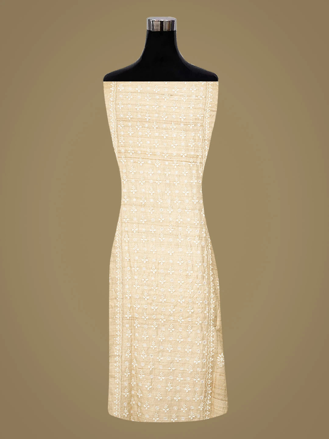 Ada Hand Embroidered Fawn Tussar Silk Lucknowi Chikankari Semi-Stitched Kurta Dupatta Set With Cutdana Work 01A857064