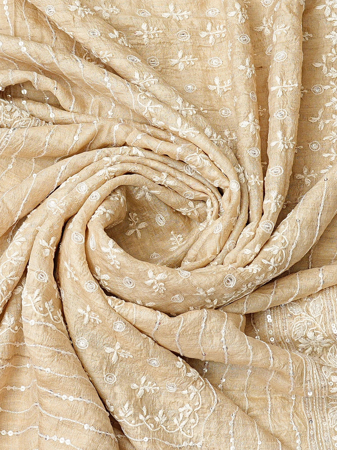Ada Hand Embroidered Fawn Tussar Silk Lucknowi Chikankari Semi-Stitched Kurta Dupatta Set With Cutdana Work 01A857064