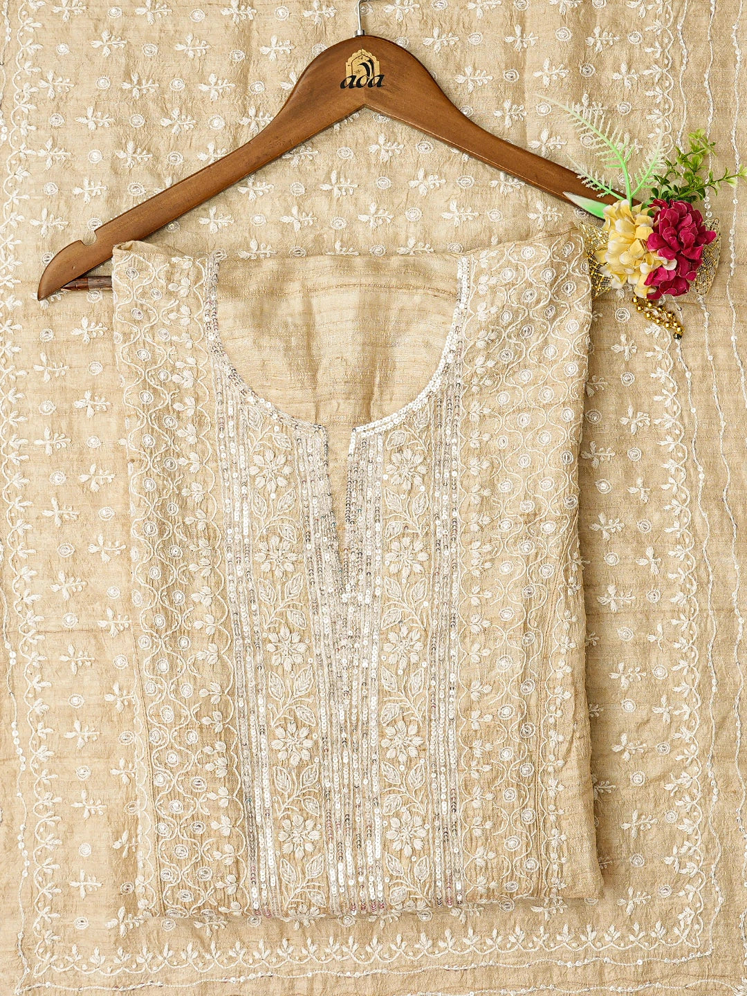 Ada Hand Embroidered Fawn Tussar Silk Lucknowi Chikankari Semi-Stitched Kurta Dupatta Set With Cutdana Work 01A857064