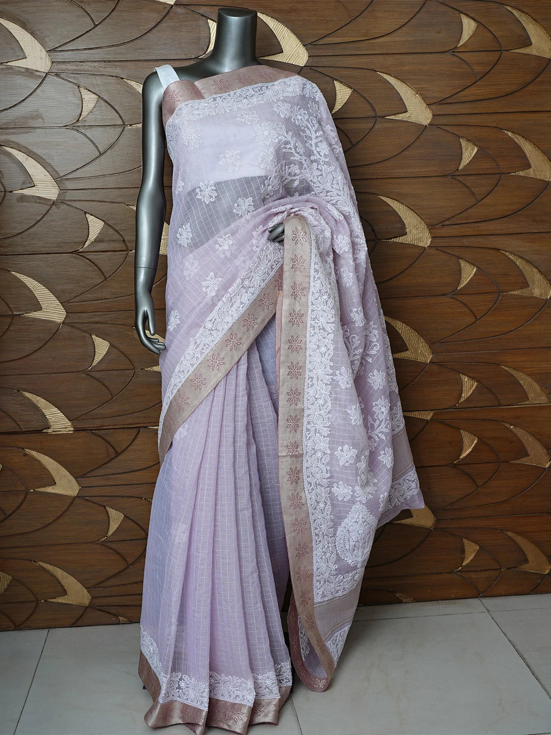 Ada Hand Embroidered Lavender Chanderi Lucknowi Chikankari Saree With Blouse 01A857666