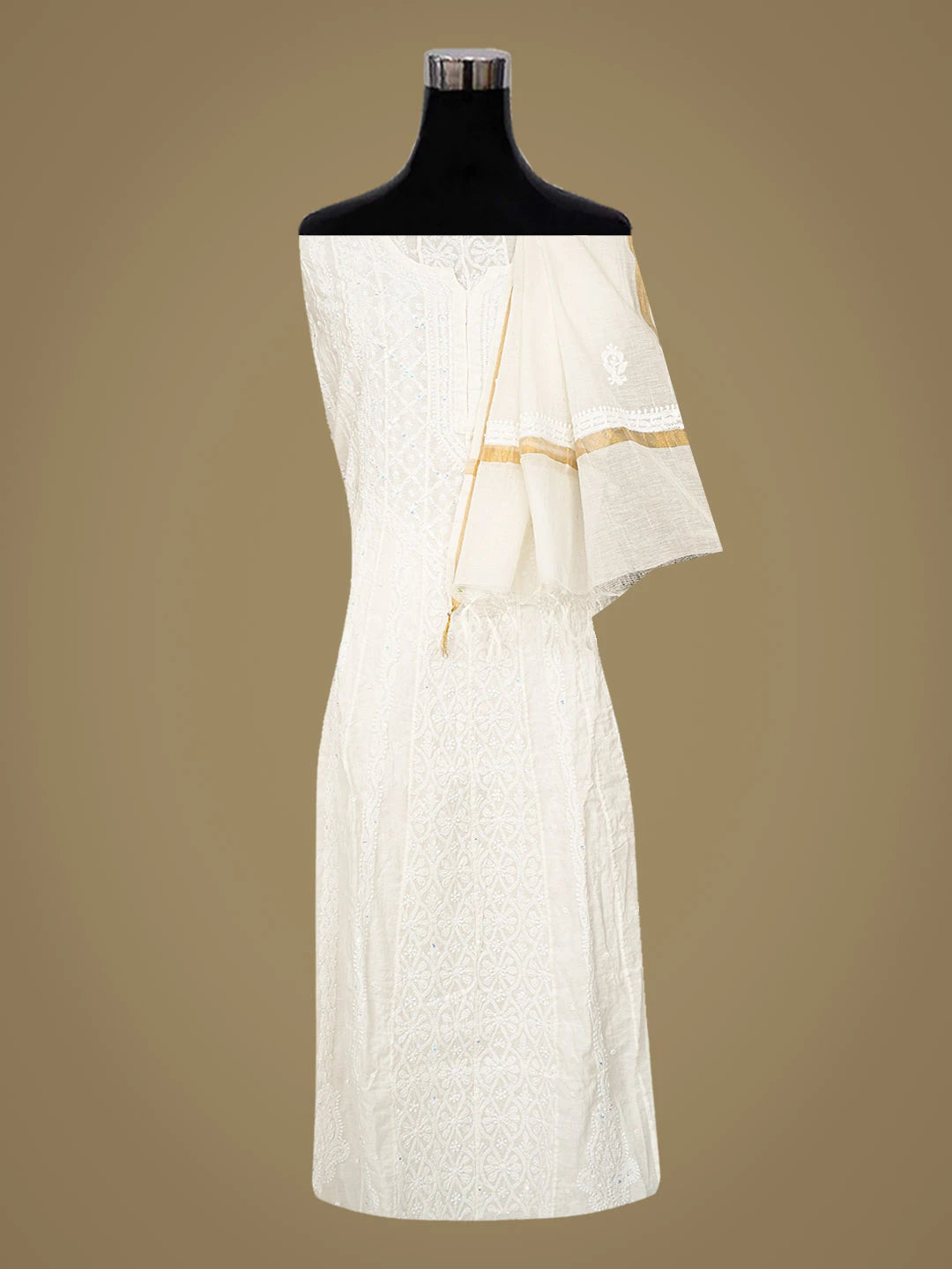 Ada Hand Embroidered White Chanderi Lucknowi Chikankari Semi-Stitched Kurta Dupatta Set With Pearl Work 01A850130