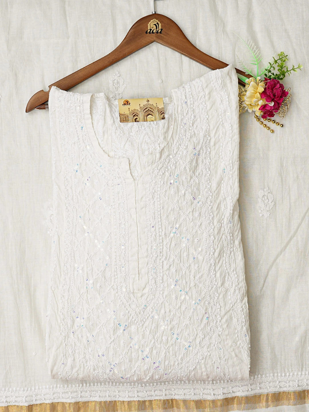 Ada Hand Embroidered White Chanderi Lucknowi Chikankari Semi-Stitched Kurta Dupatta Set With Pearl Work 01A850130