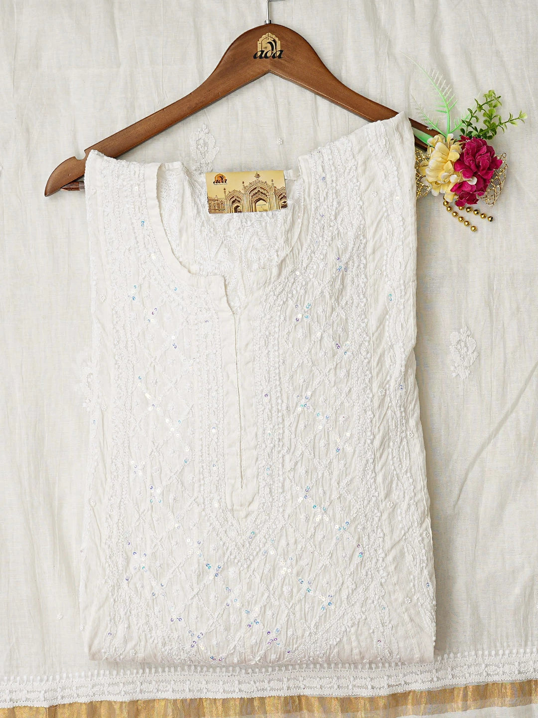 Ada Hand Embroidered White Chanderi Lucknowi Chikankari Semi-Stitched Kurta Dupatta Set With Pearl Work 01A850130