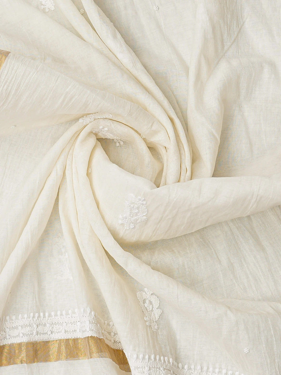 Ada Hand Embroidered White Chanderi Lucknowi Chikankari Semi-Stitched Kurta Dupatta Set With Pearl Work 01A850130