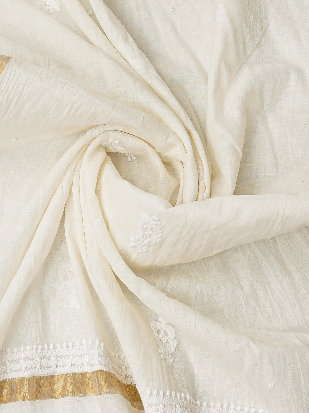 Ada Hand Embroidered White Chanderi Lucknowi Chikankari Semi-Stitched Kurta Dupatta Set With Pearl Work 01A850130