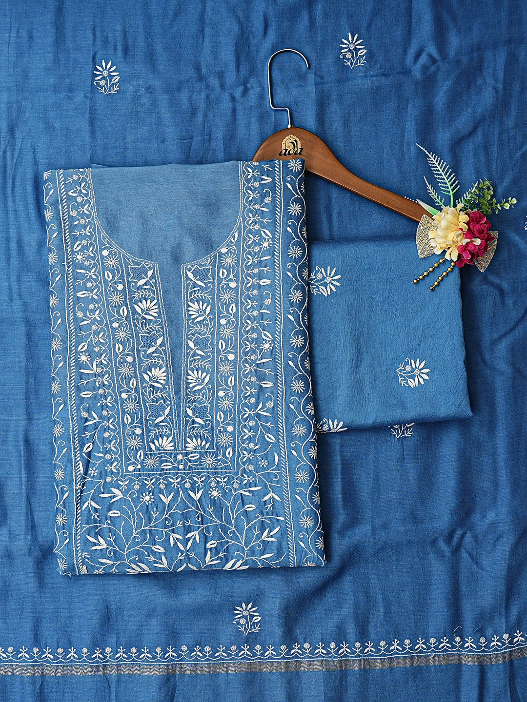 Ada Hand Embroidered Blue Chanderi Lucknowi Chikankari Unstitched Suit Piece 01A856664