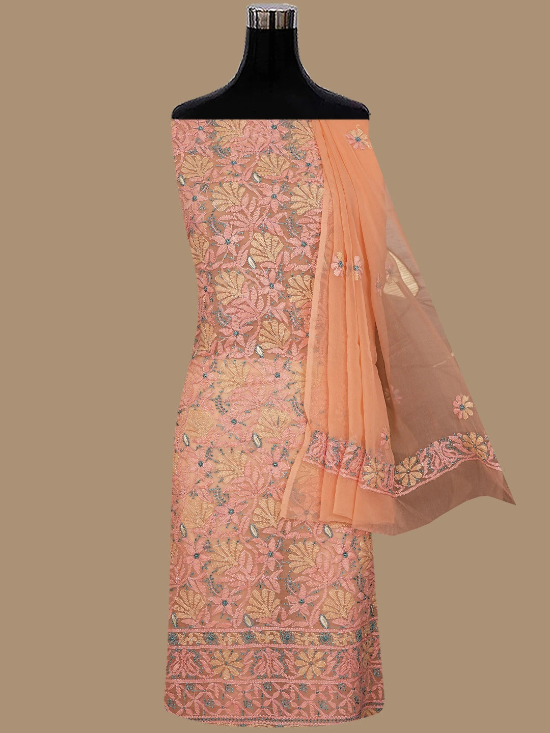 Ada Hand Embroidered Peach Georgette Lucknowi Chikankari Unstitched Suit Piece 01A857205