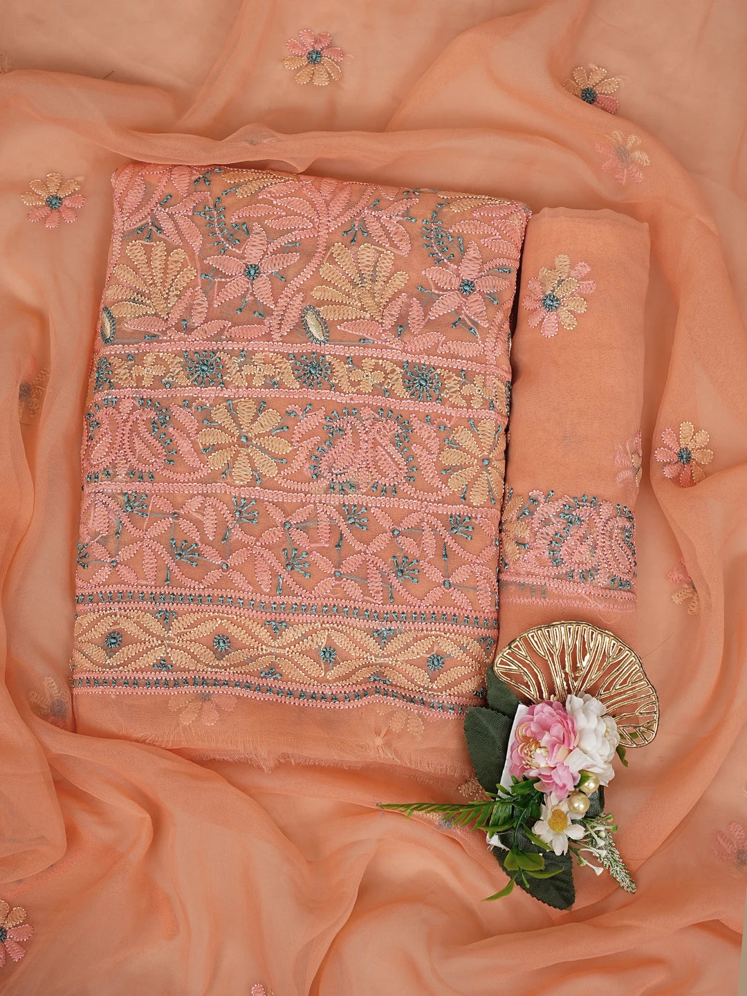 Ada Hand Embroidered Peach Georgette Lucknowi Chikankari Unstitched Suit Piece 01A857205