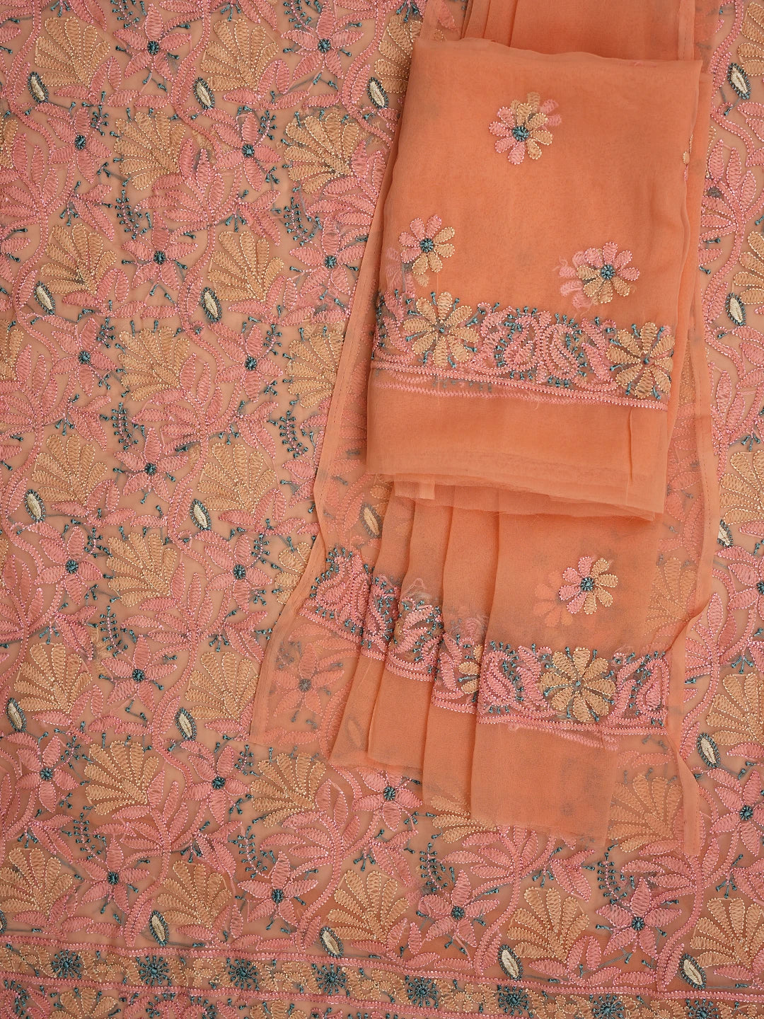 Ada Hand Embroidered Peach Georgette Lucknowi Chikankari Unstitched Suit Piece 01A857205