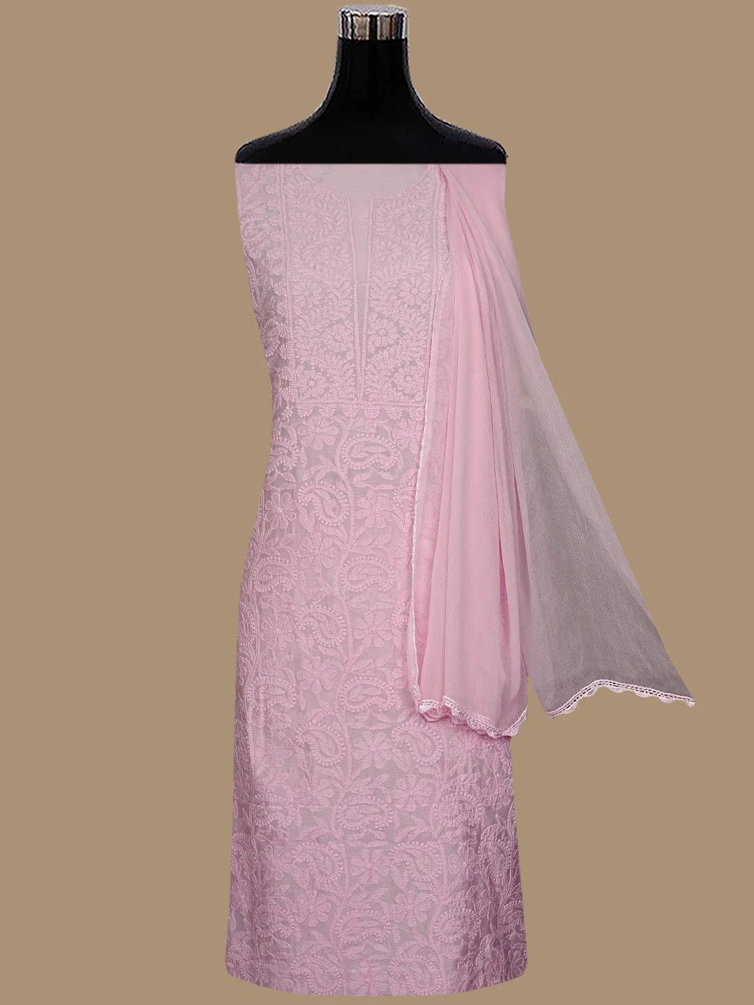 Ada Hand Embroidered Powder Pink Chanderi Lucknowi Chikankari Unstitched Kurta Dupatta Set 01A465456