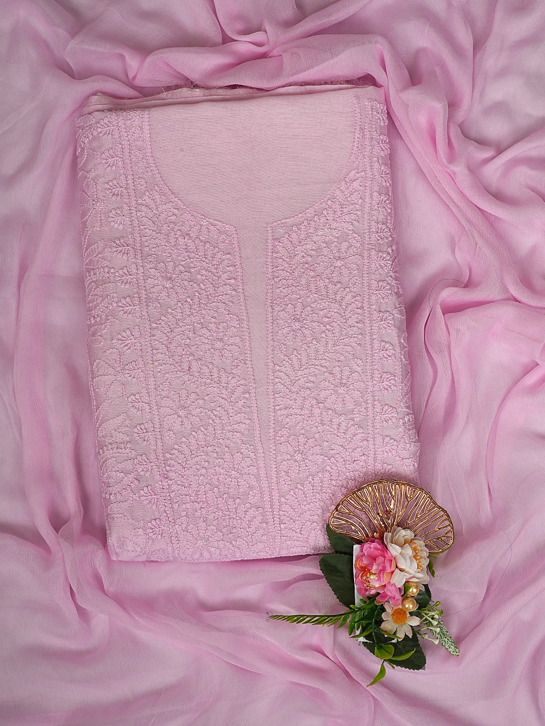 Ada Hand Embroidered Powder Pink Chanderi Lucknowi Chikankari Unstitched Kurta Dupatta Set 01A465456