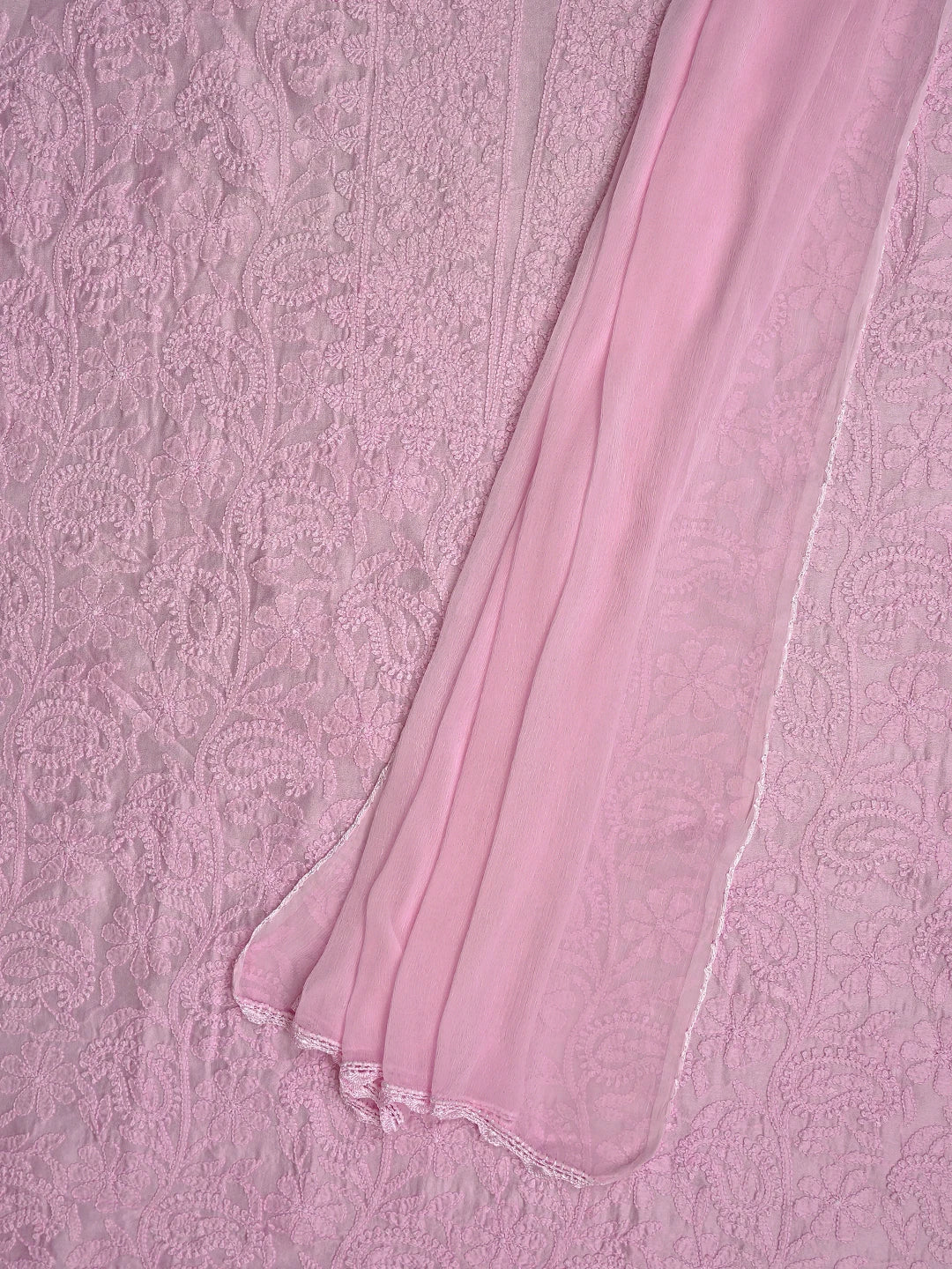 Ada Hand Embroidered Powder Pink Chanderi Lucknowi Chikankari Unstitched Kurta Dupatta Set 01A465456