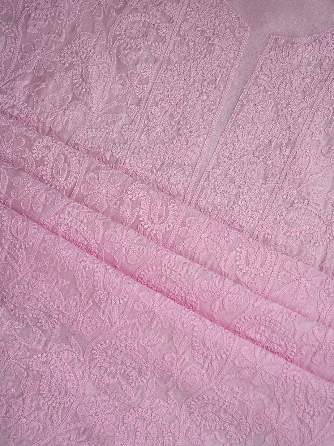 Ada Hand Embroidered Powder Pink Chanderi Lucknowi Chikankari Unstitched Kurta Dupatta Set 01A465456