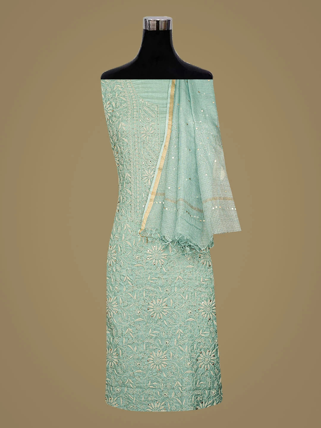 Ada Hand Embroidered Teal Green Silk Lucknowi Chikankari Unstitched Suit Piece With Mukaish Work 01A702312