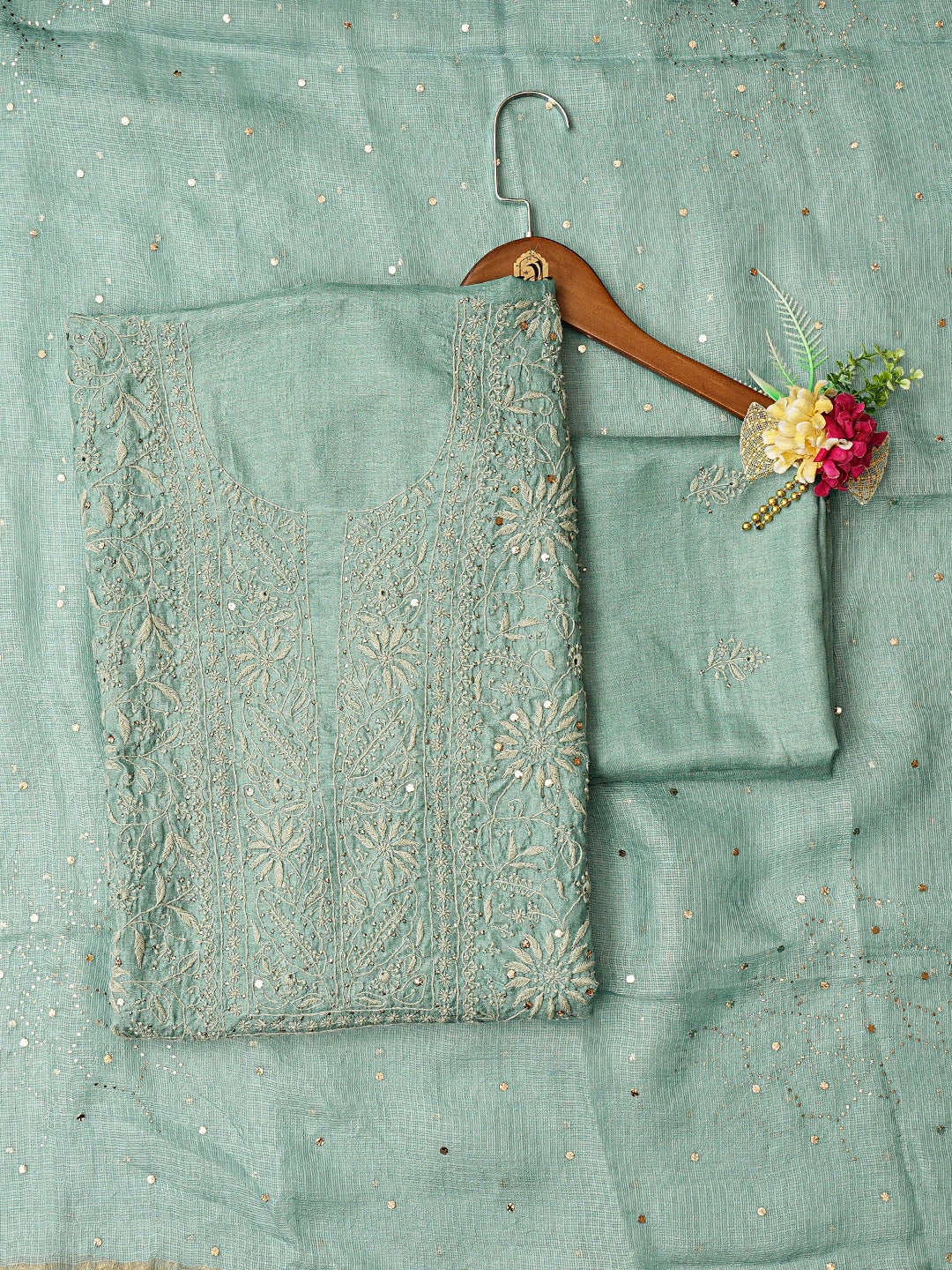 Ada Hand Embroidered Teal Green Silk Lucknowi Chikankari Unstitched Suit Piece With Mukaish Work 01A702312