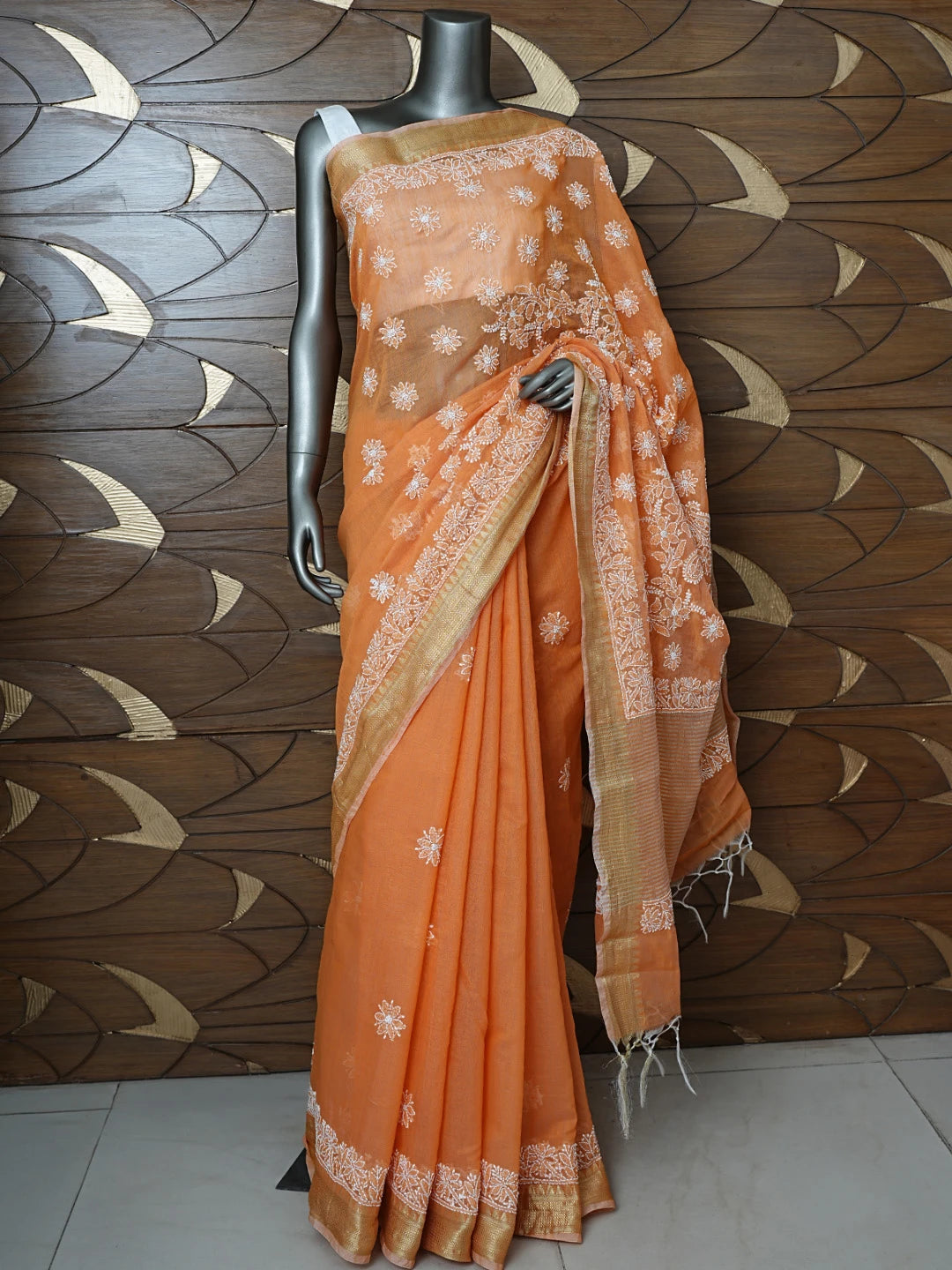 Ada Hand Embroidered Orange Chanderi Lucknowi Chikankari Saree With Blouse 01A857695
