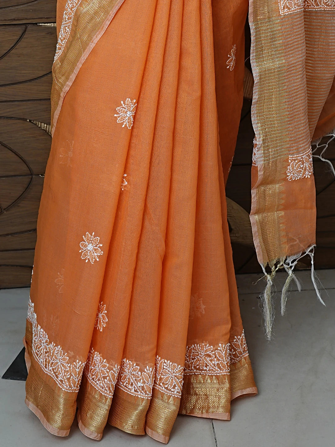 Ada Hand Embroidered Orange Chanderi Lucknowi Chikankari Saree With Blouse 01A857695