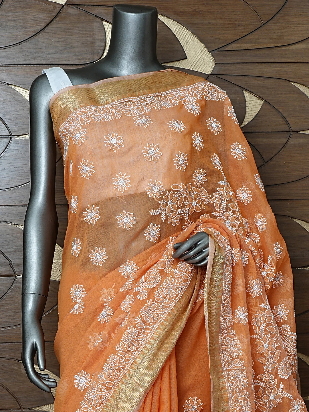 Ada Hand Embroidered Orange Chanderi Lucknowi Chikankari Saree With Blouse 01A857695