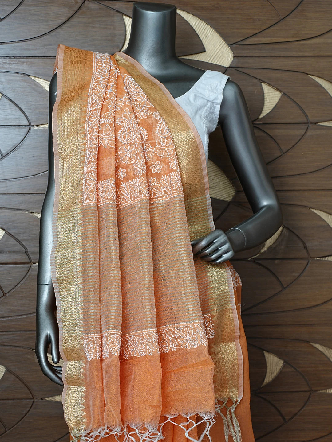 Ada Hand Embroidered Orange Chanderi Lucknowi Chikankari Saree With Blouse 01A857695