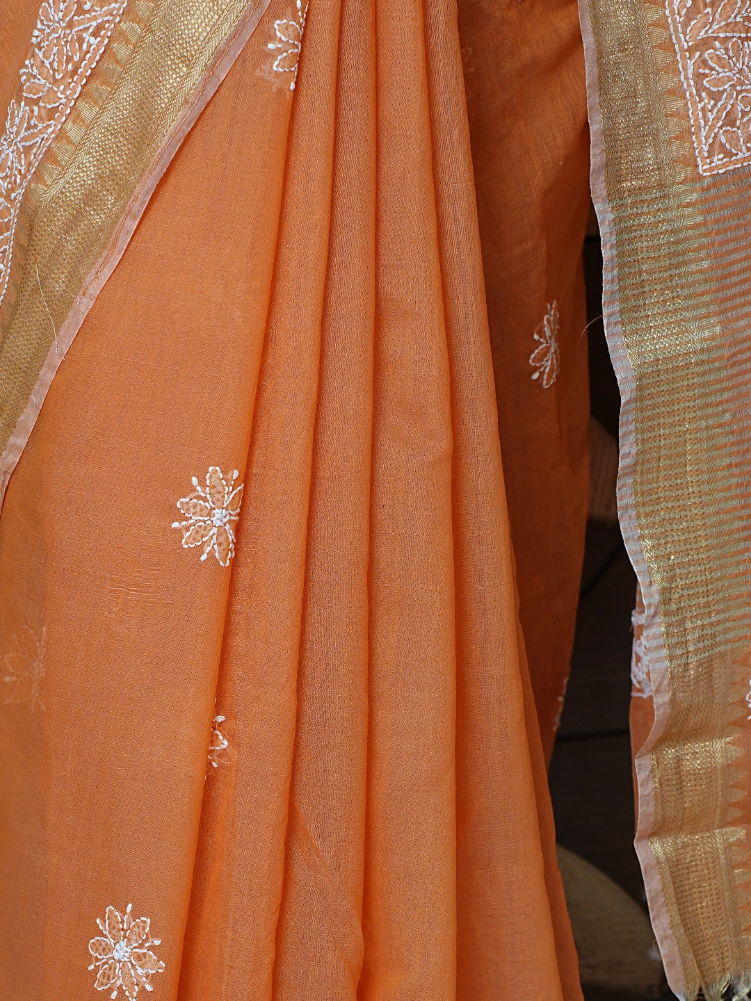 Ada Hand Embroidered Orange Chanderi Lucknowi Chikankari Saree With Blouse 01A857695