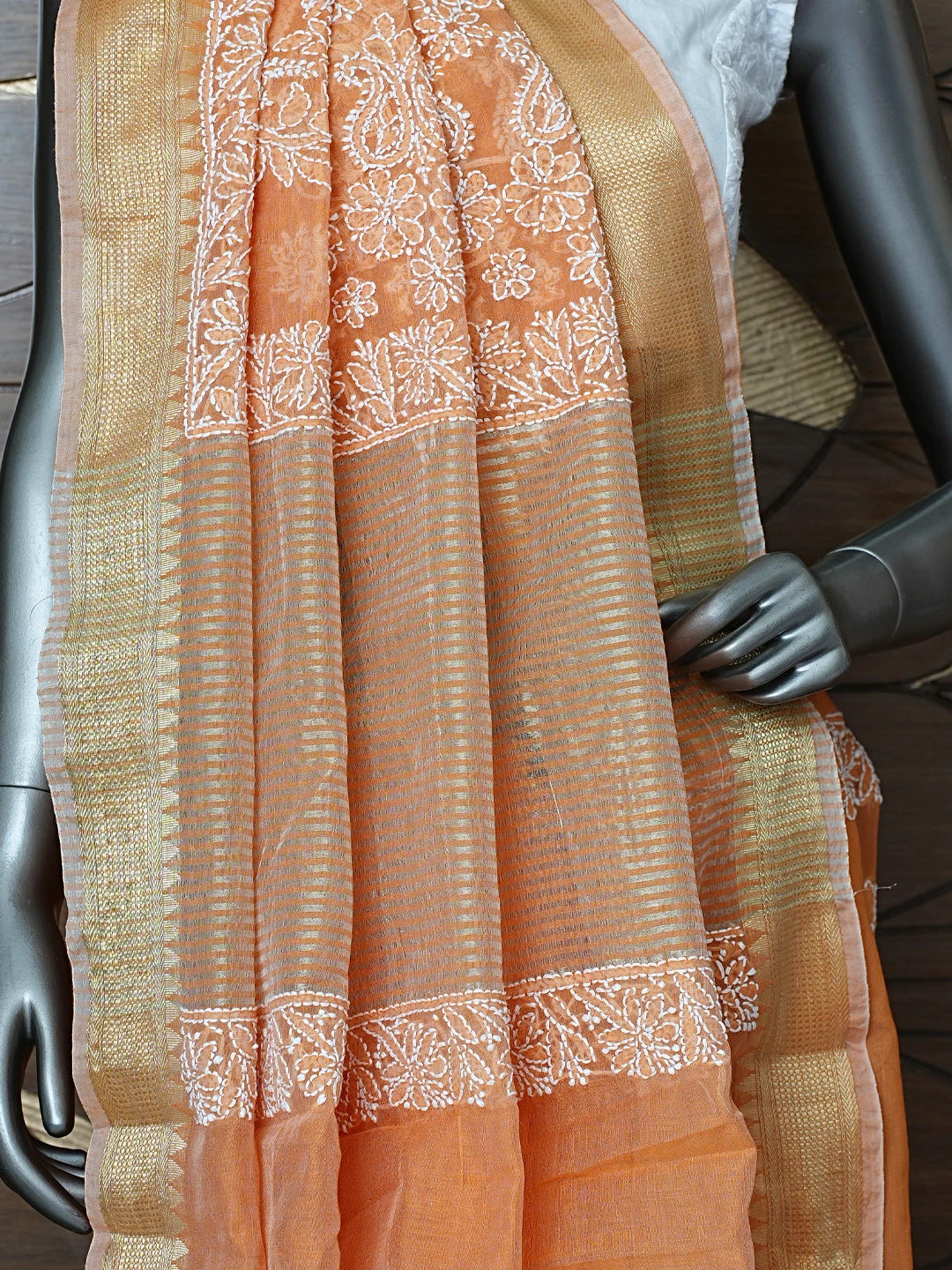 Ada Hand Embroidered Orange Chanderi Lucknowi Chikankari Saree With Blouse 01A857695