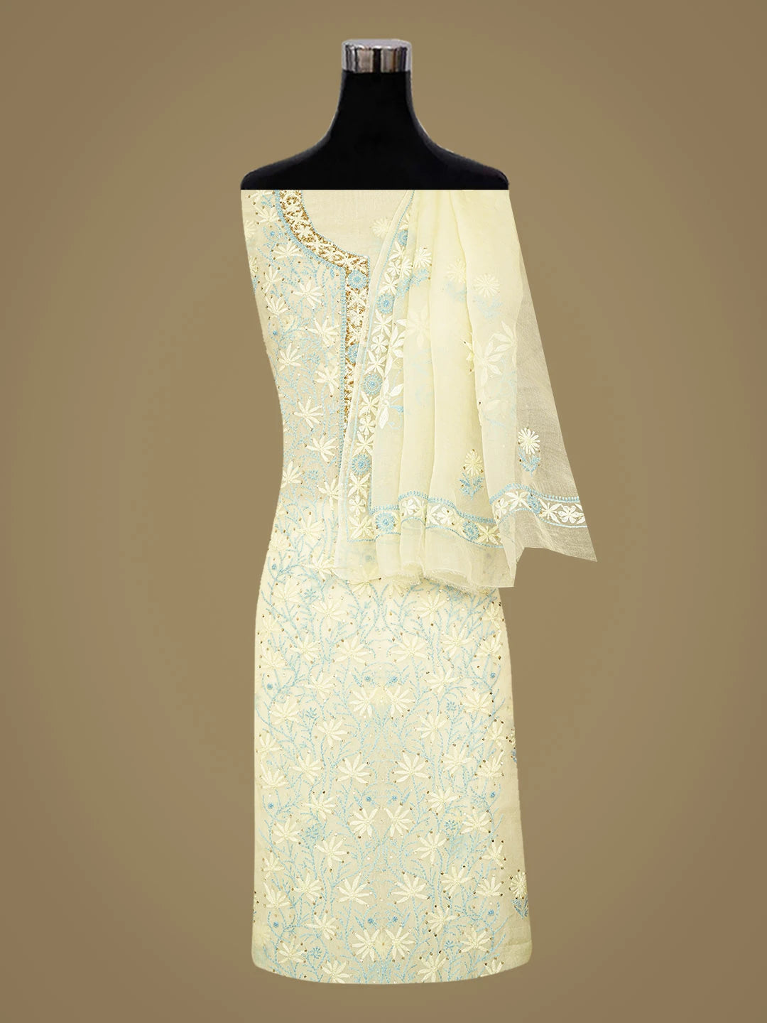 Ada Hand Embroidered Lemon Organza Lucknowi Chikankari Unstitched Kurta Dupatta Set With Sequinned Work 01A600351