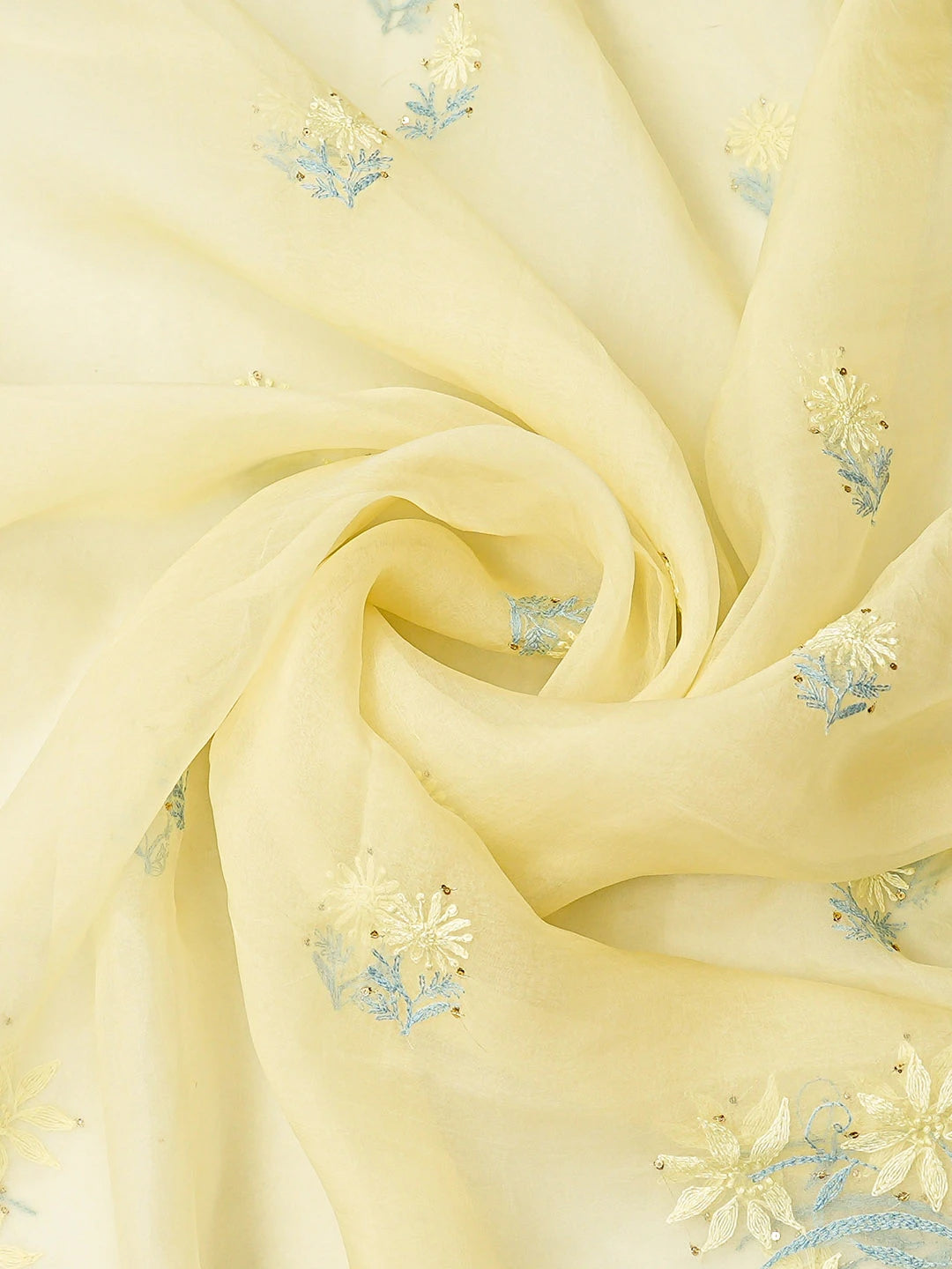 Ada Hand Embroidered Lemon Organza Lucknowi Chikankari Unstitched Kurta Dupatta Set With Sequinned Work 01A600351