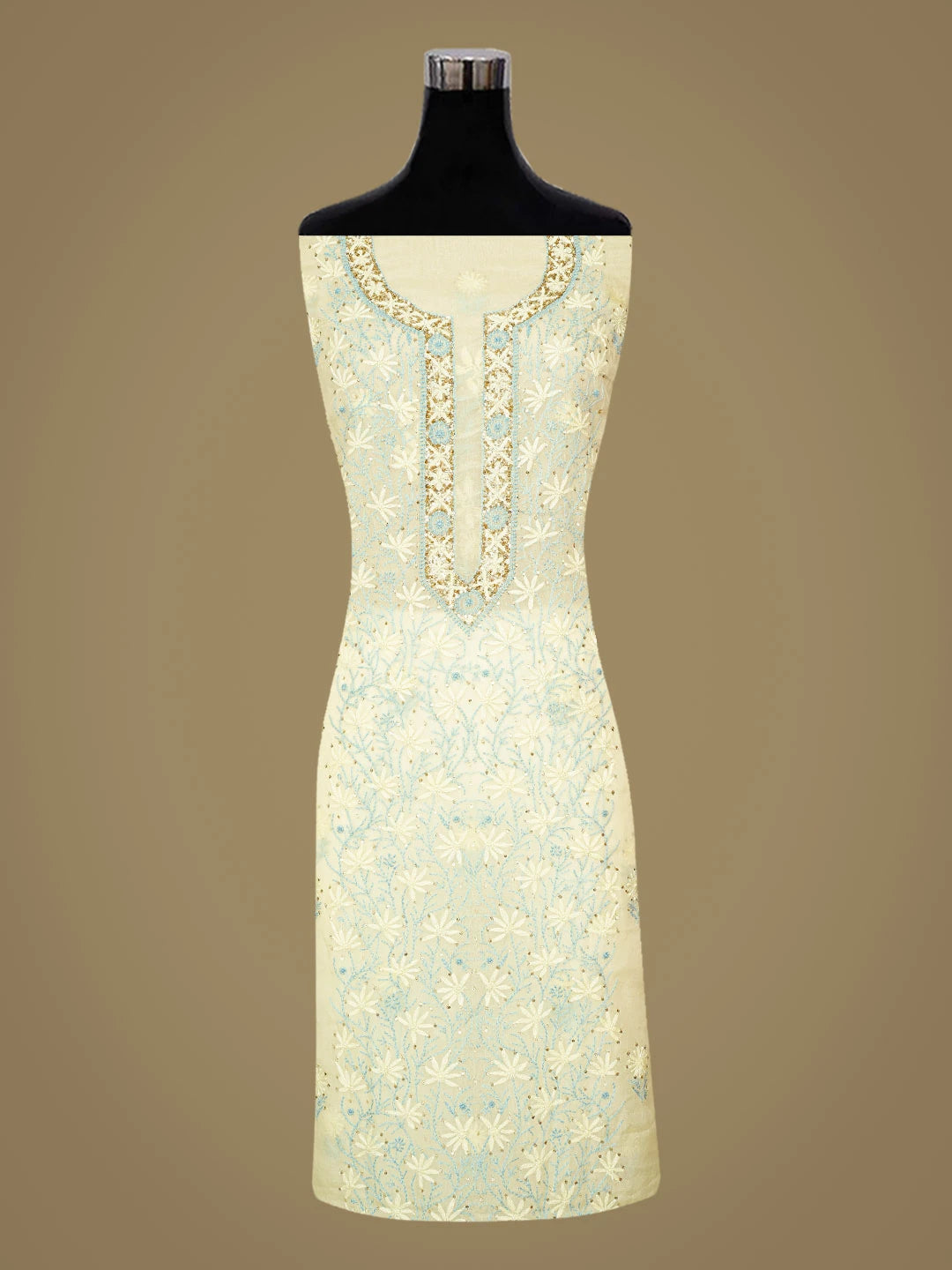 Ada Hand Embroidered Lemon Organza Lucknowi Chikankari Unstitched Kurta Dupatta Set With Sequinned Work 01A600351