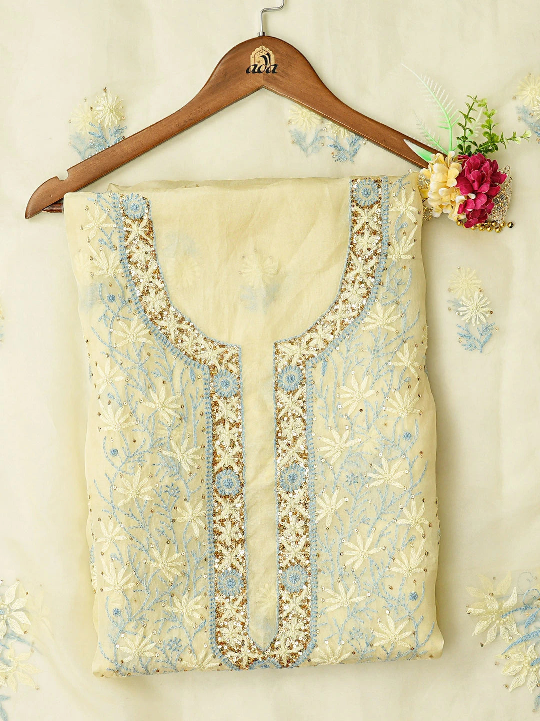 Ada Hand Embroidered Lemon Organza Lucknowi Chikankari Unstitched Kurta Dupatta Set With Sequinned Work 01A600351