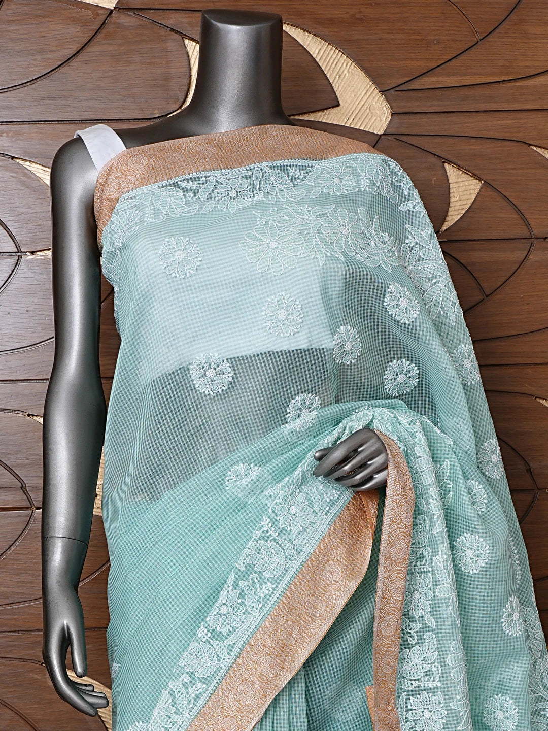 Ada Hand Embroidered Pistachio Green Chanderi Lucknowi Chikankari Saree With Blouse 01A857691