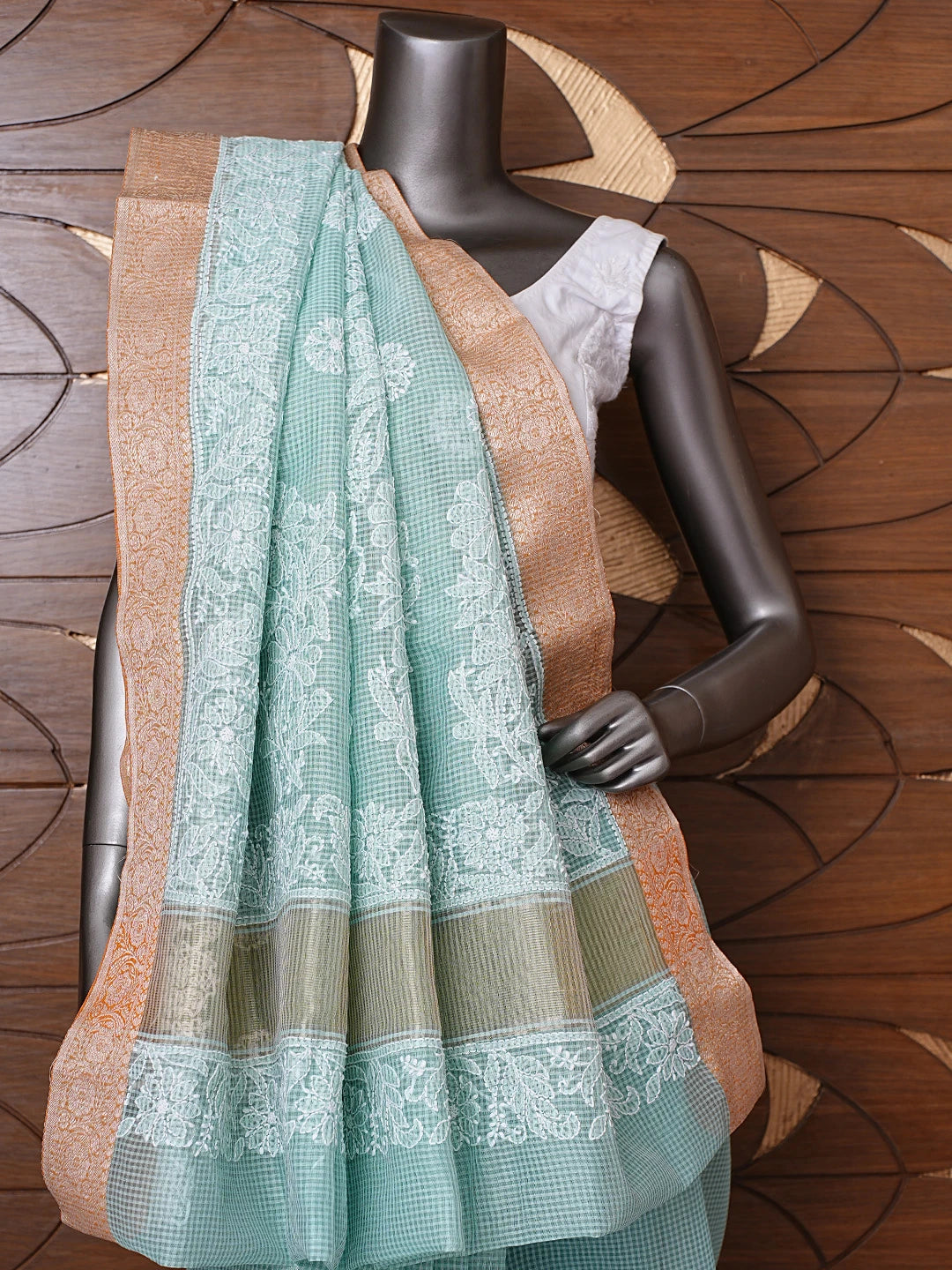 Ada Hand Embroidered Pistachio Green Chanderi Lucknowi Chikankari Saree With Blouse 01A857691