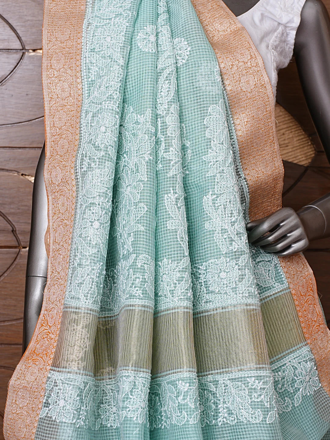 Ada Hand Embroidered Pistachio Green Chanderi Lucknowi Chikankari Saree With Blouse 01A857691