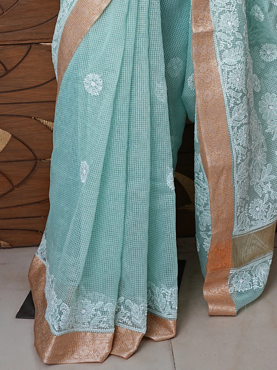 Ada Hand Embroidered Pistachio Green Chanderi Lucknowi Chikankari Saree With Blouse 01A857691