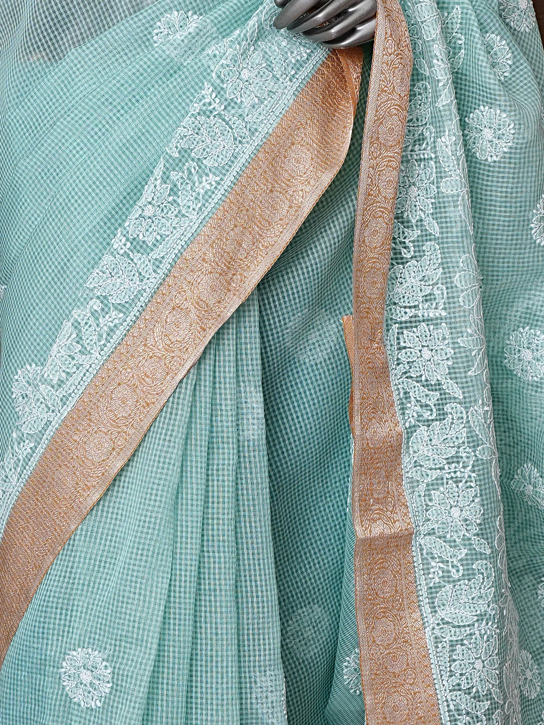 Ada Hand Embroidered Pistachio Green Chanderi Lucknowi Chikankari Saree With Blouse 01A857691
