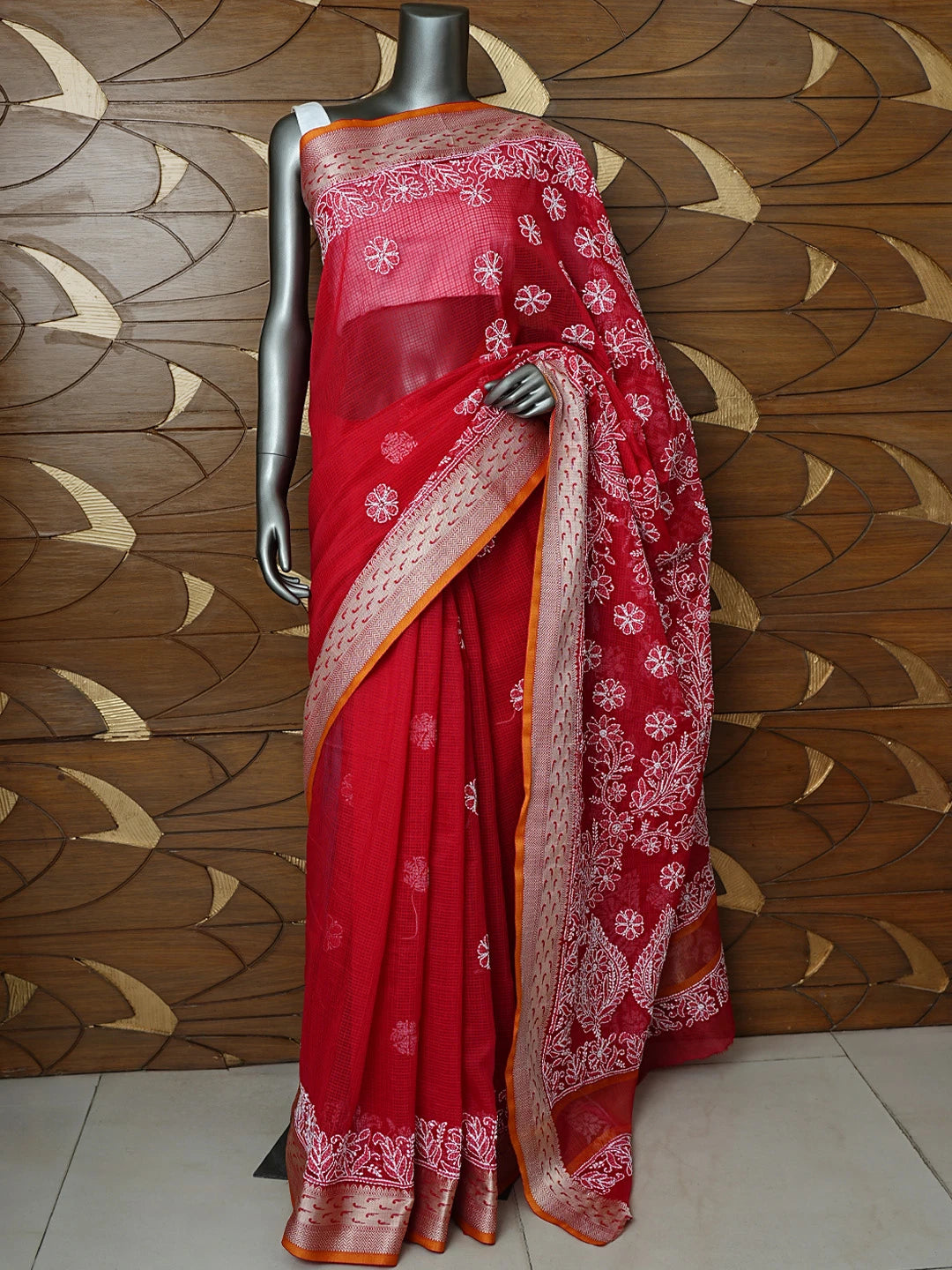 Ada Hand Embroidered Red Chanderi Lucknowi Chikankari Saree With Blouse 01A857771