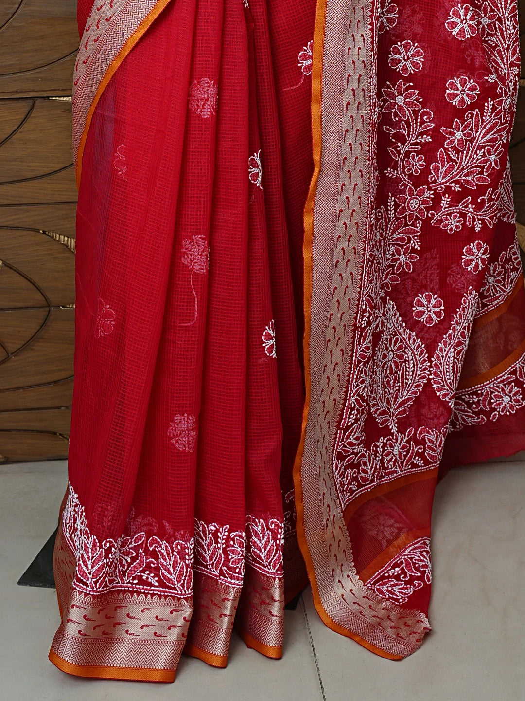 Ada Hand Embroidered Red Chanderi Lucknowi Chikankari Saree With Blouse 01A857771