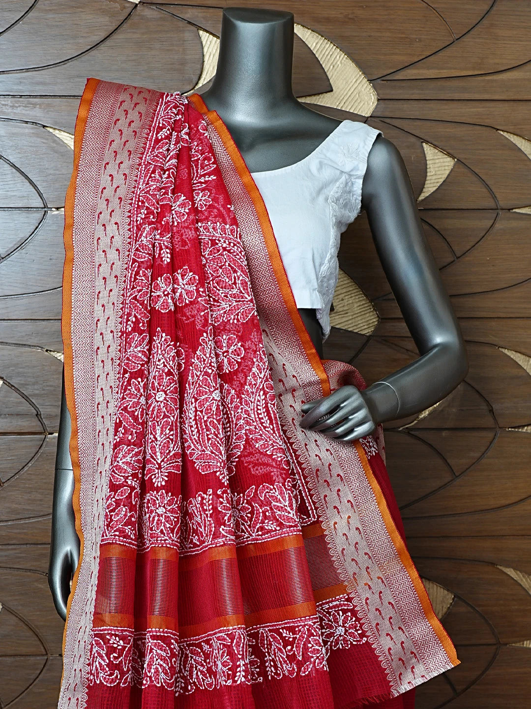 Ada Hand Embroidered Red Chanderi Lucknowi Chikankari Saree With Blouse 01A857771